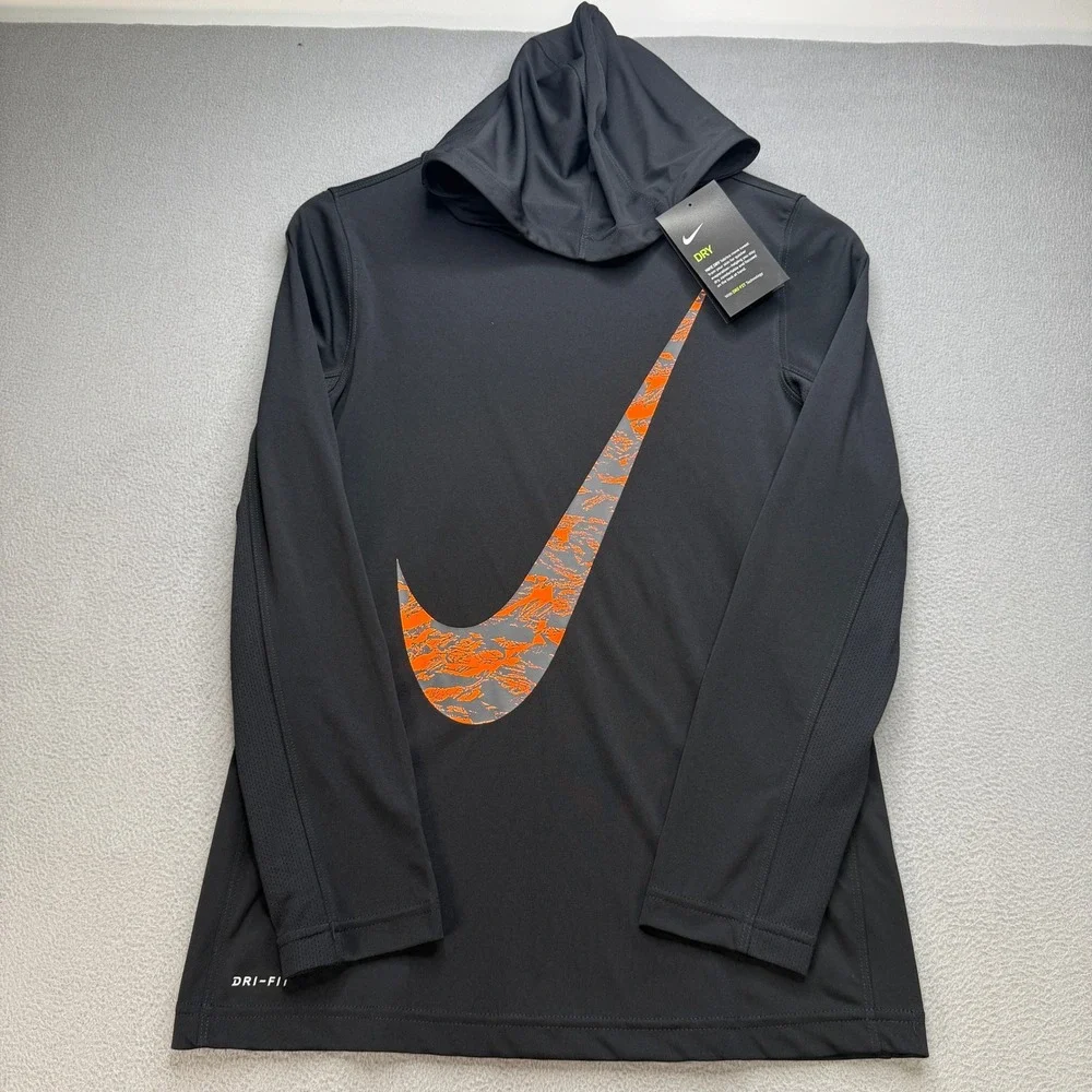 Nike Dri-Fit Hoodie Boys L Black/Orange Performance Training Atletic Gym NWT